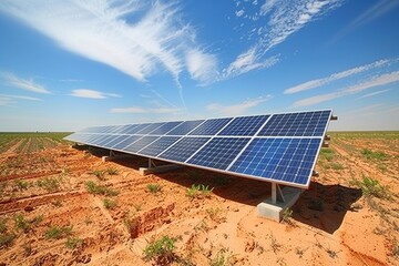 Solar panels stand tall in a field, absorbing the sun's rays to generate clean energy.