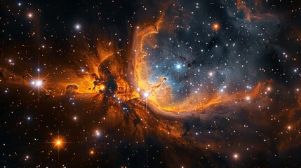 Majestic nebula in space, surrounded by bright stars and cosmic stardust