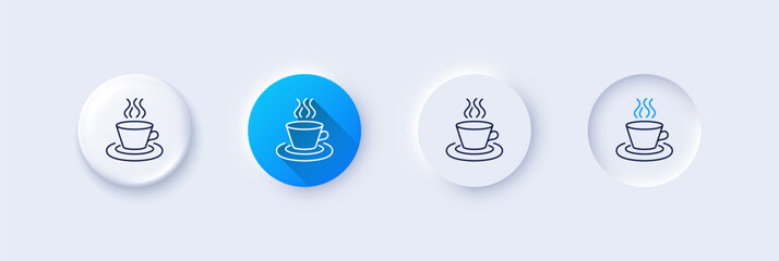 Aufkleber - Tea or Coffee line icon. Neumorphic, Blue gradient, 3d pin buttons. Hot drink sign. Fresh beverage symbol. Line icons. Neumorphic buttons with outline signs. Vector