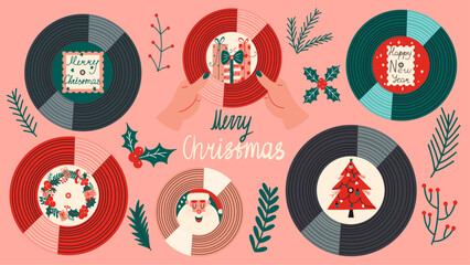 Christmas retro set with vinyl records.Vintage New Year elements. Flat cartoon icons. Vector design illustration. 