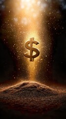 3D dollar sign suspended in golden sparkles, illuminated by a warm spotlight above a glittery pile, symbolizing success and prosperity; ideal for commercial and business visuals