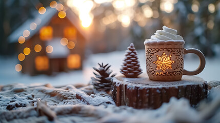 Cosy Christmas house in the outdoors and cup of hot drink on the snow, new year mood