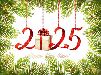 Fototapete - Merry Christmas and Happy New Year background with tree branches and numbers 2025. Vector.
