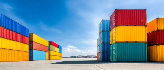 Colorful shipping containers stacked in a port against a clear blue sky, creating a vibrant industrial scene with a sense of organization and logistics.