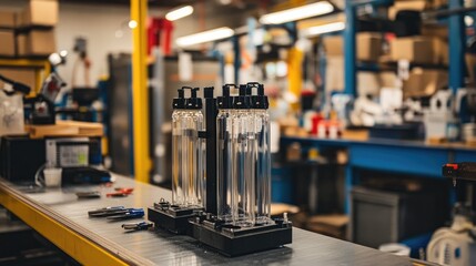 Poster - Transparent Containers on Workbench in Manufacturing Space
