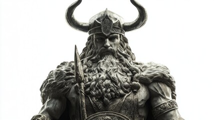 Wall Mural - depiction of Balder known as Scandinavian god of beauty and light exhibits intricate detailing in his armor and fierce expression standing isolated against white backdrop.