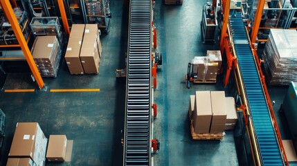 Poster - Industrial Warehouse with Conveyor Belt and Packages