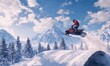 © Valentyna - Snowmobiler performing a jump off a snow-covered ramp, with mountains and snowy forests in the background