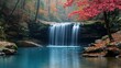 © Alienmarsh - A cascading waterfall flows into a clear blue pool, surrounded by colorful autumn foliage.