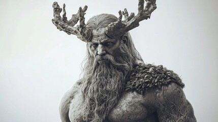 Wall Mural - Frig the Scandinavian god showcasing his strong presence with antlers and a long beard embodying strength and nature in a minimalist setting.