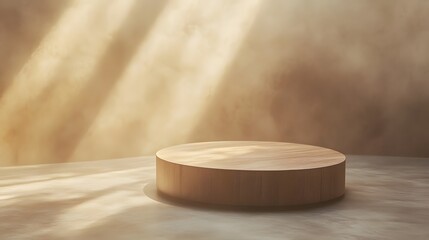 Fototapete - 4. A visually stunning image of a round wooden podium set against a backdrop of soft backlighting and hazy pastel golden brown tones, creating an enchanting environment for product displays