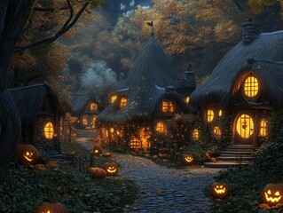 Wall Mural - Enchanting Village with Thatched Roofs and Halloween Decor