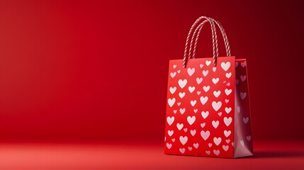 1. A vibrant image of a red shopping bag adorned with playful heart patterns, set against a bold red background, creating a festive atmosphere perfect for a Valentine is Day sale banner