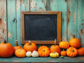 Wall Mural - Autumn harvest composition with pumpkins fruits and blank blackboard on rustic wooden background