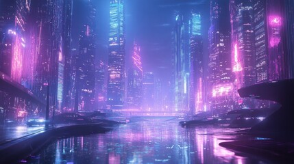 Leinwandbilder - Futuristic Cityscape with Neon Lights and Reflections in Water