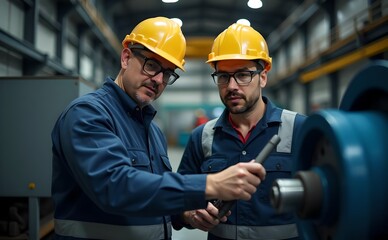 Two engineers in hard hats and safety glasses inspecting and operating machinery in an industrial plant.
