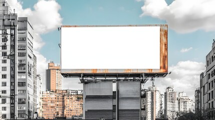 5. A striking composition featuring an empty billboard on a building, providing a blank canvas for an info banner, with surrounding urban elements adding context to the scene