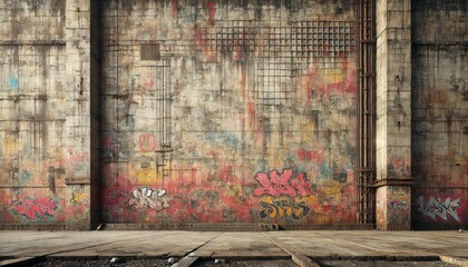 Poster - A weathered wall displays vibrant graffiti art in various colors, set in an abandoned industrial area. The ground is bare concrete, highlighting the urban decay