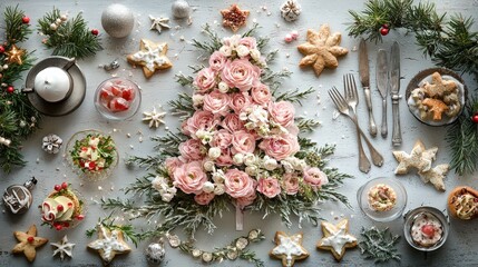 Aufkleber - A beautifully arranged Christmas tree made of pink and white flowers sits on a wooden table, surrounded by various festive desserts and decorations, creating a joyful holiday atmosphere