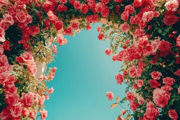 Sticker - An enchanting display of pink roses surrounds a bright blue sky, showcasing the beauty of nature in a garden setting. The scene radiates warmth and tranquility