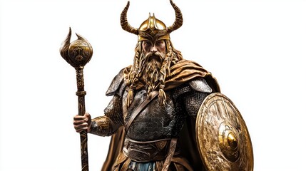 Wall Mural - Heimdall the guardian of the Bifrost is depicted in this striking representation showcasing his readiness with armor horn and shield against a stark background.