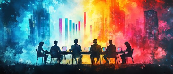 Wall Mural - Vibrant Watercolor Illustration of Business Meeting