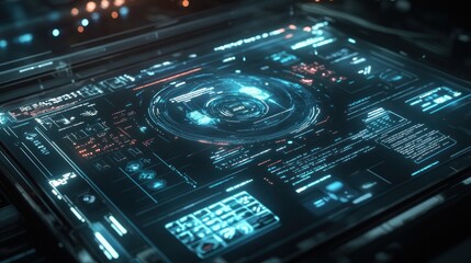Leinwandbilder - Futuristic Interface with Glowing Blue and Red Lines and Data