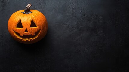 Wall Mural - halloween themed pumpkin on black background with space for text