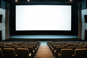 A modern cinema interior featuring empty seats and a large screen.