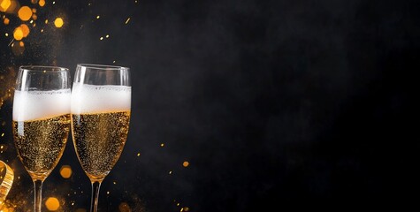 Two champagne glasses with bubbles against a dark background, celebrating.