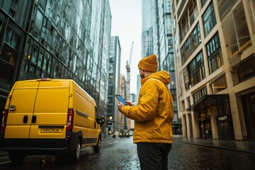 A delivery driver in a bright yellow jacket manages packages with a smartphone amid sleek urban skyscrapers on a cloudy day