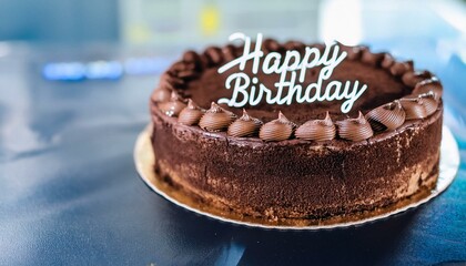 Wall Mural - Happy birthday cake. Concept of Happy Birthday. Chocolate fudge cake