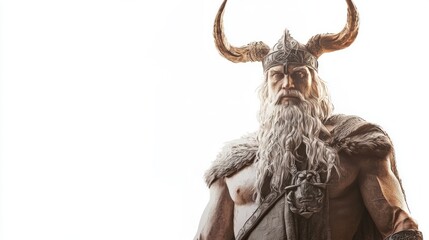 Wall Mural - Standing tall and powerful Njord embodies essence sea and wind adorned with traditional Viking attire and a majestic crown set against a stark white backdrop.