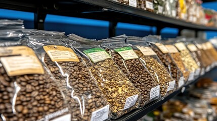 A shelf of coffee beans in bags.