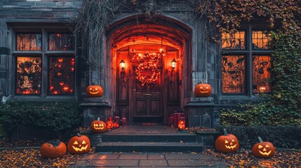 Canvas Print - Spooky decorations in front of a building