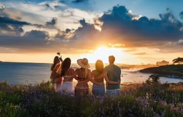 A group of friends stand facing a beautiful sunset over the ocean, with the silhouette of a shoreline in the background.