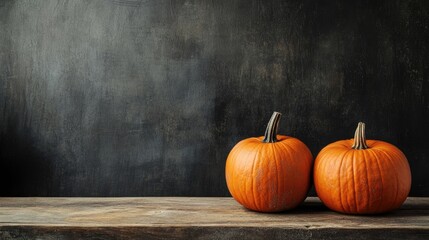 Poster - Spooky pumpkins on wooden table with black background and space for text