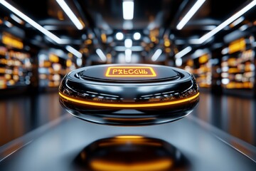Poster - A 3D-rendered price cut sign floating in a futuristic retail environment, with sleek lines and glowing accents