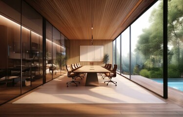 A modern conference room with a long wooden table and chairs, large windows overlooking a pool and greenery.