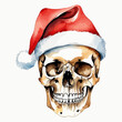 © Kristina - Watercolor illustration of a Human skull full face in Santa hat drawing by hand isolated on white background. Funny Christmas vector illustration for banner, poster, tattoo, sticker, card and over