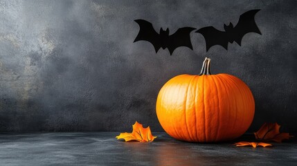 Wall Mural - pumpkin on dark background with bat decorations