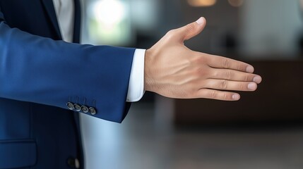 Man in a suit is shaking hands with another man. Concept of professionalism and formality, as the two men are dressed in business attire and are engaging in a handshake