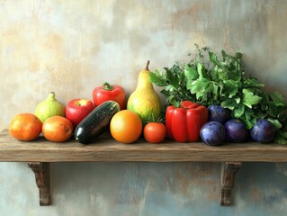 Wall Mural - Fruits and vegetables on a wooden shelf