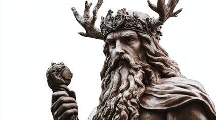 Wall Mural - The Scandinavian god Vé is portrayed with intricate details featuring antlers on his crown and a staff in hand embodying strength and authority against a simple backdrop.