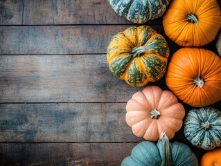 Sticker - Autumn harvest pumpkins on rustic wooden table flat lay