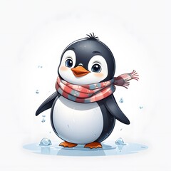 Wall Mural - Cute chibi penguin wearing a tiny scarf and slipping on ice, evoking laughter and joy