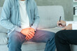 © Shisu_ka - Man hold hand in front of private parts feeling discomfort and consult doctor. Venereal, testicular cancer. bladder problems, erectile dysfunction, premature ejaculation, prostate cancer