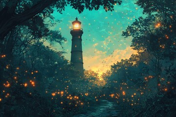 Wall Mural - Lighthouse guided with its beam under a starry sky, coastal landscape concept at night