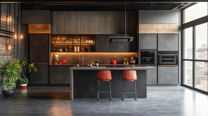 Modern industrial kitchen with dark cabinets, an island, and a brick wall.