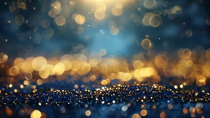 Abstract background of sparkling golden bokeh light particles on a blue backdrop.